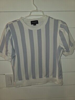 David Lerner White and Light Blue Vertical Stripe Short Sleeve Top